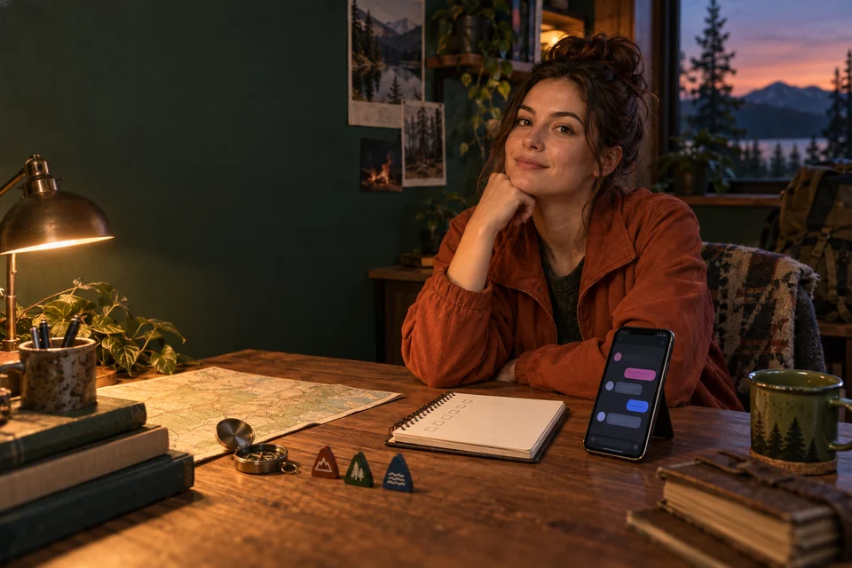 Adult woman at a desk with a phone, field notebook, compass, and route markers at dusk